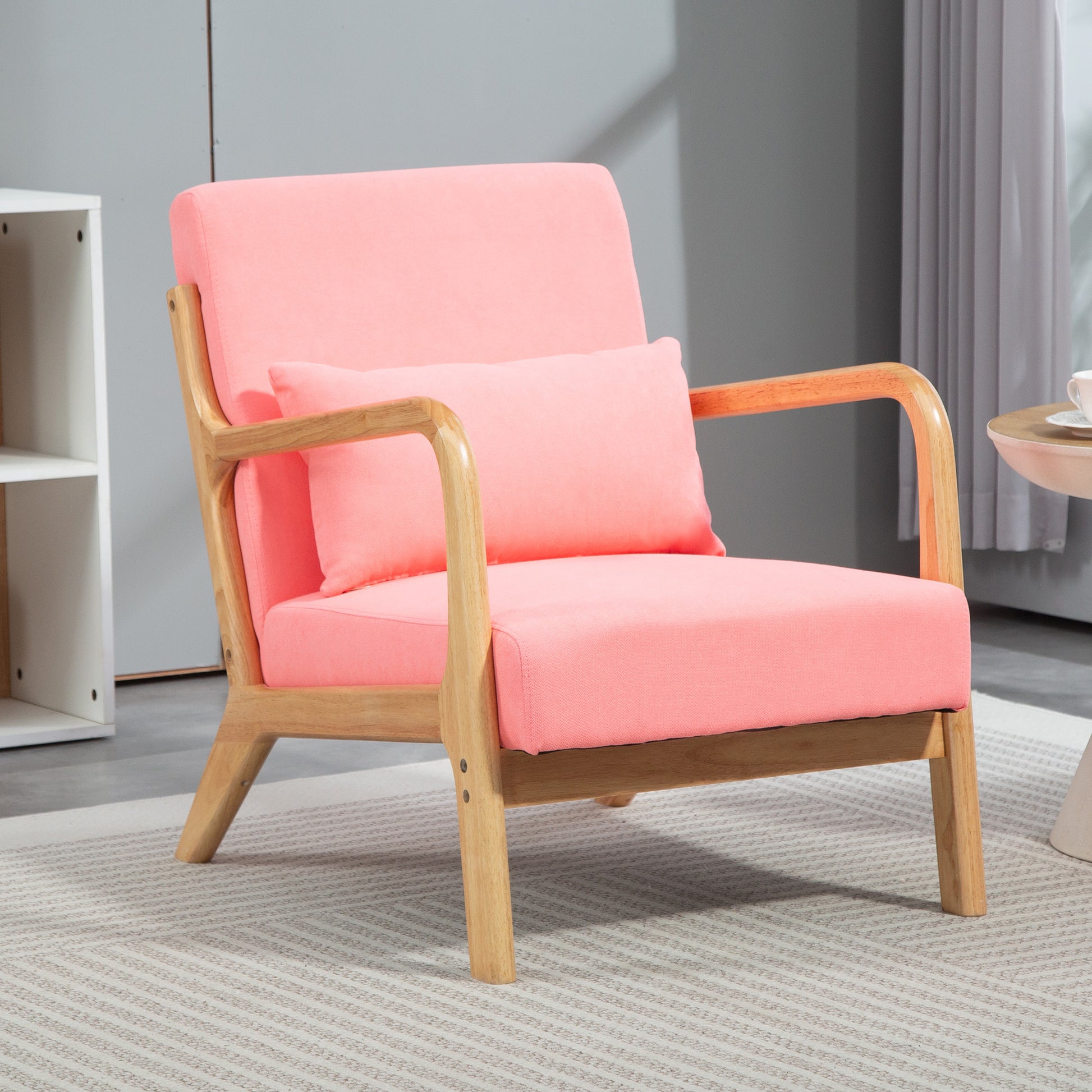 Living Room Armchair Nordic Style Armchair with Armrests Cushion and Rubber Wood Frame for Bedroom Load 120 kg 61x78x76 cm Pink