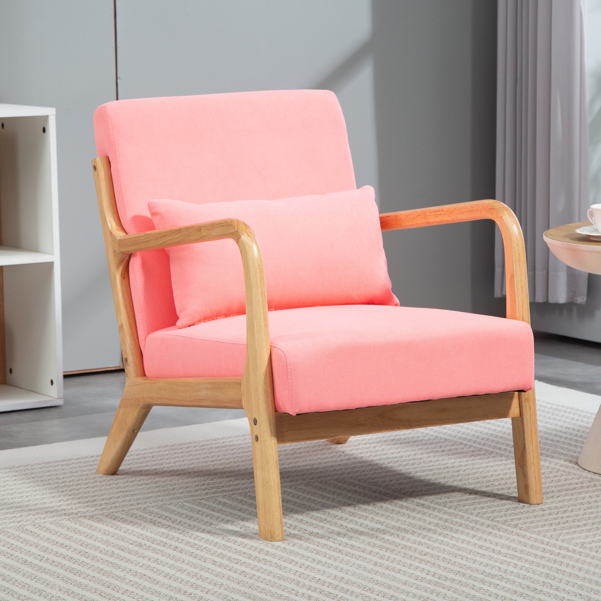 Living Room Armchair Nordic Style Armchair with Armrests Cushion and Rubber Wood Frame for Bedroom Load 120 kg 61x78x76 cm Pink