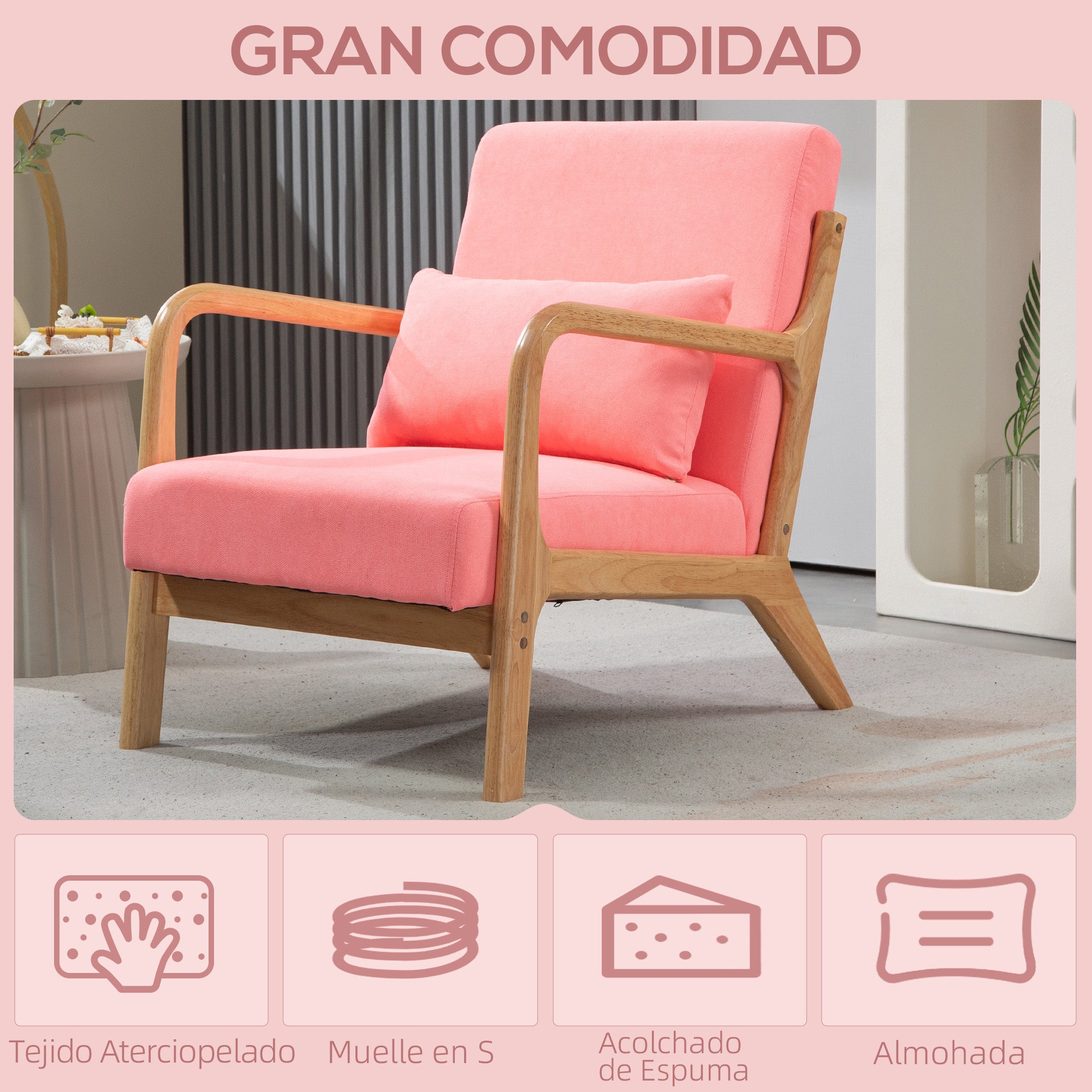 Living Room Armchair Nordic Style Armchair with Armrests Cushion and Rubber Wood Frame for Bedroom Load 120 kg 61x78x76 cm Pink