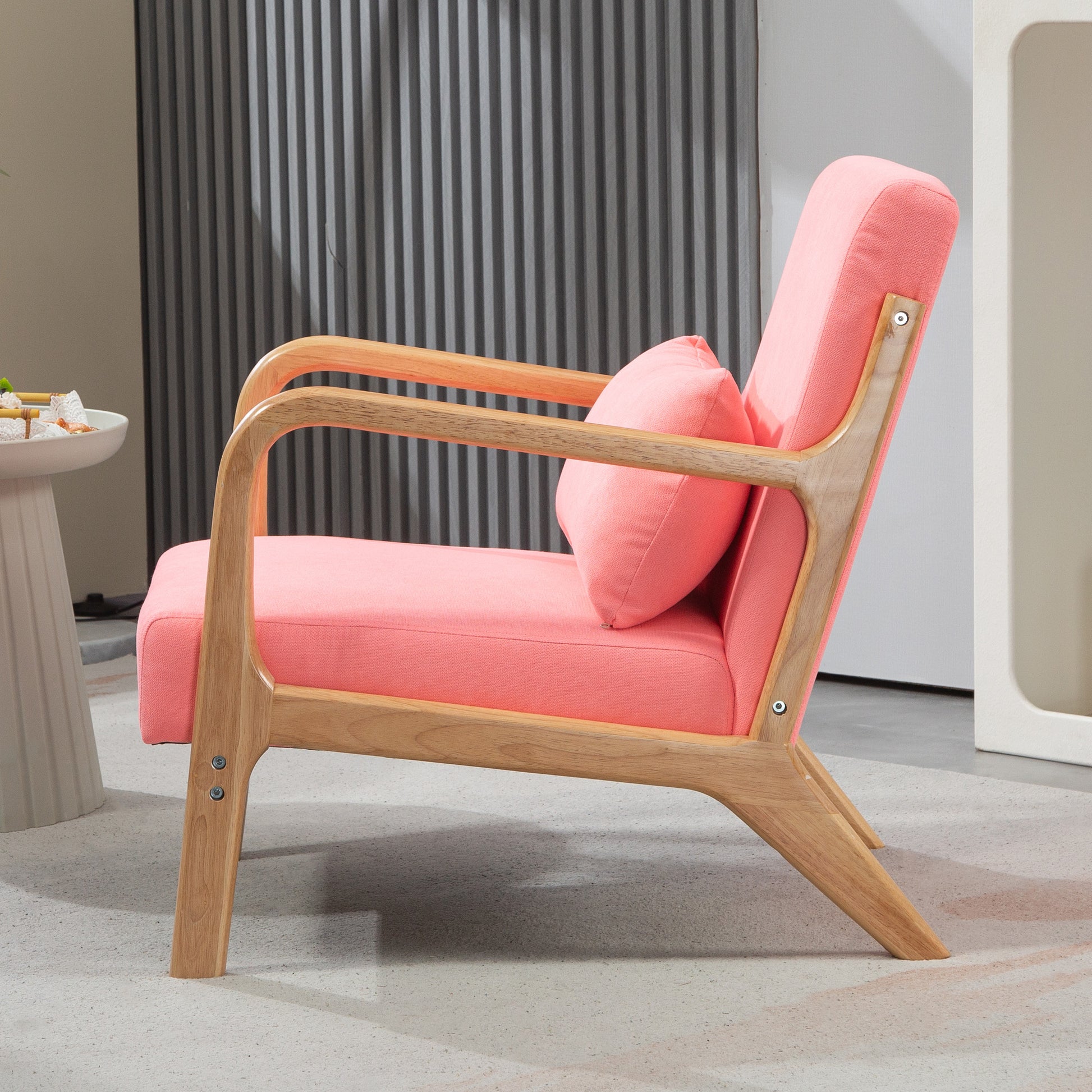 Living Room Armchair Nordic Style Armchair with Armrests Cushion and Rubber Wood Frame for Bedroom Load 120 kg 61x78x76 cm Pink