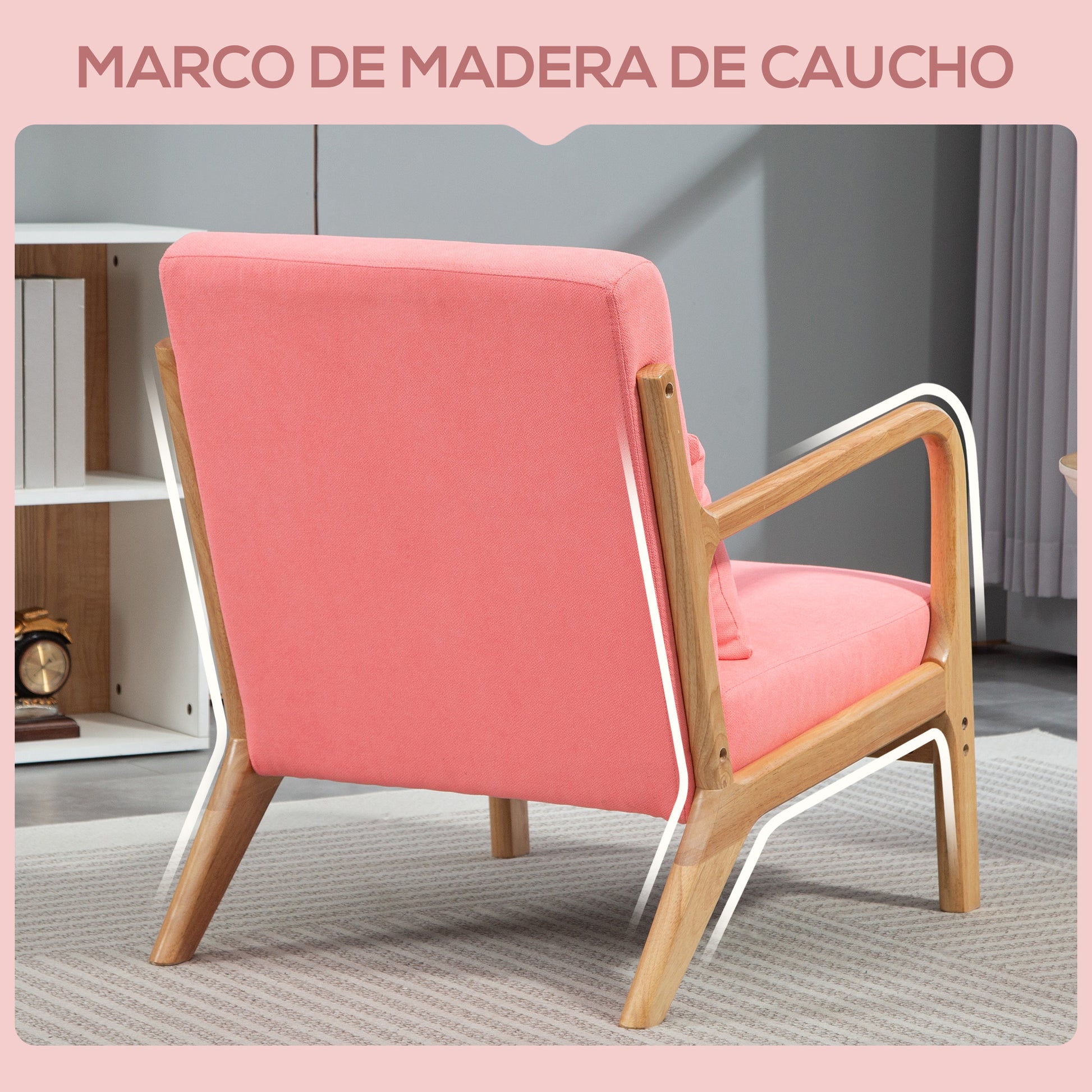 Living Room Armchair Nordic Style Armchair with Armrests Cushion and Rubber Wood Frame for Bedroom Load 120 kg 61x78x76 cm Pink