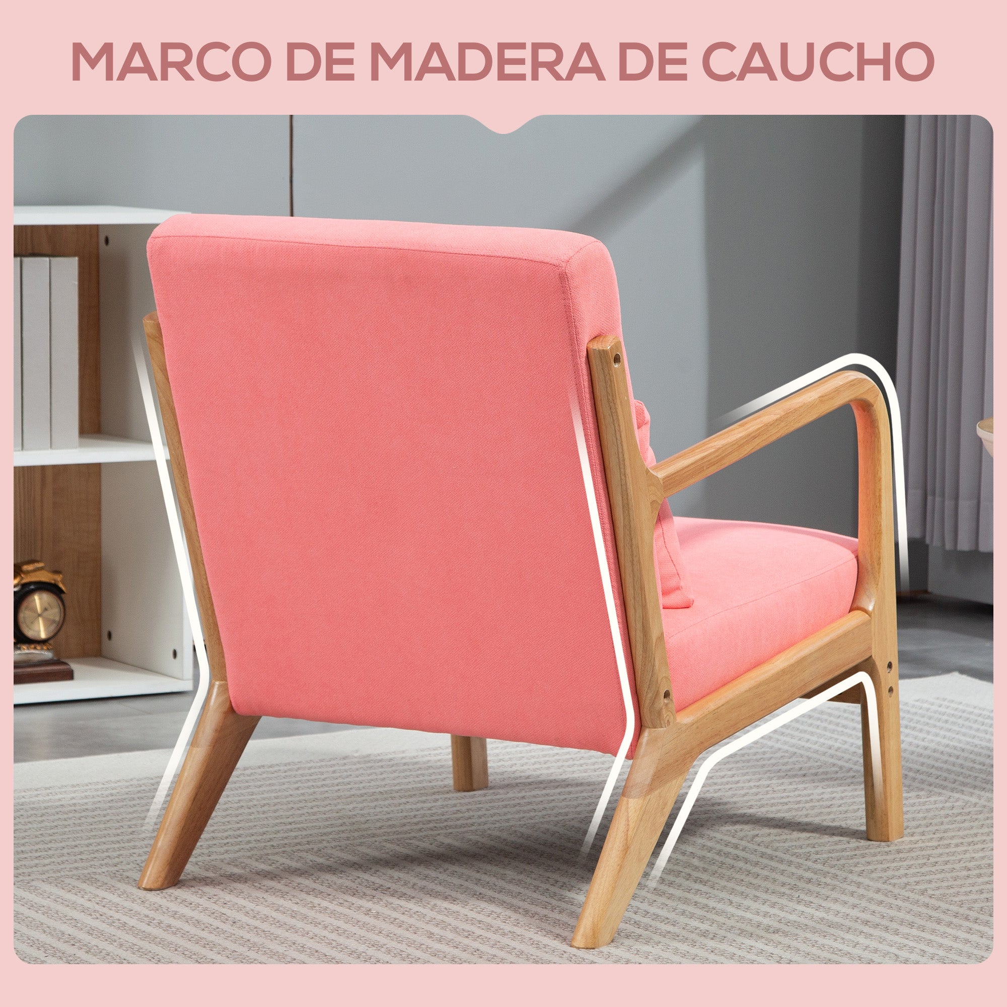 Living Room Armchair Nordic Style Armchair with Armrests Cushion and Rubber Wood Frame for Bedroom Load 120 kg 61x78x76 cm Pink
