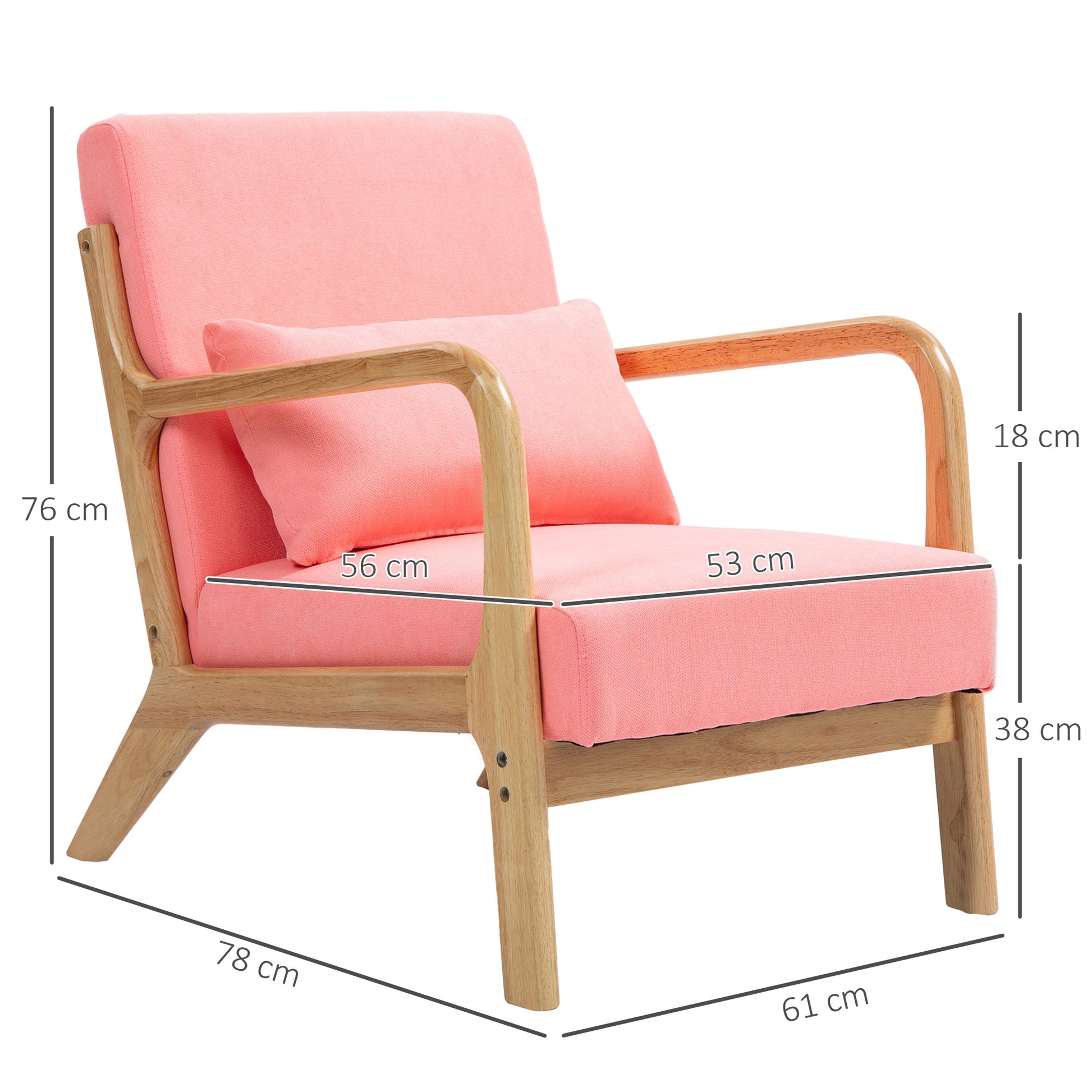 Living Room Armchair Nordic Style Armchair with Armrests Cushion and Rubber Wood Frame for Bedroom Load 120 kg 61x78x76 cm Pink