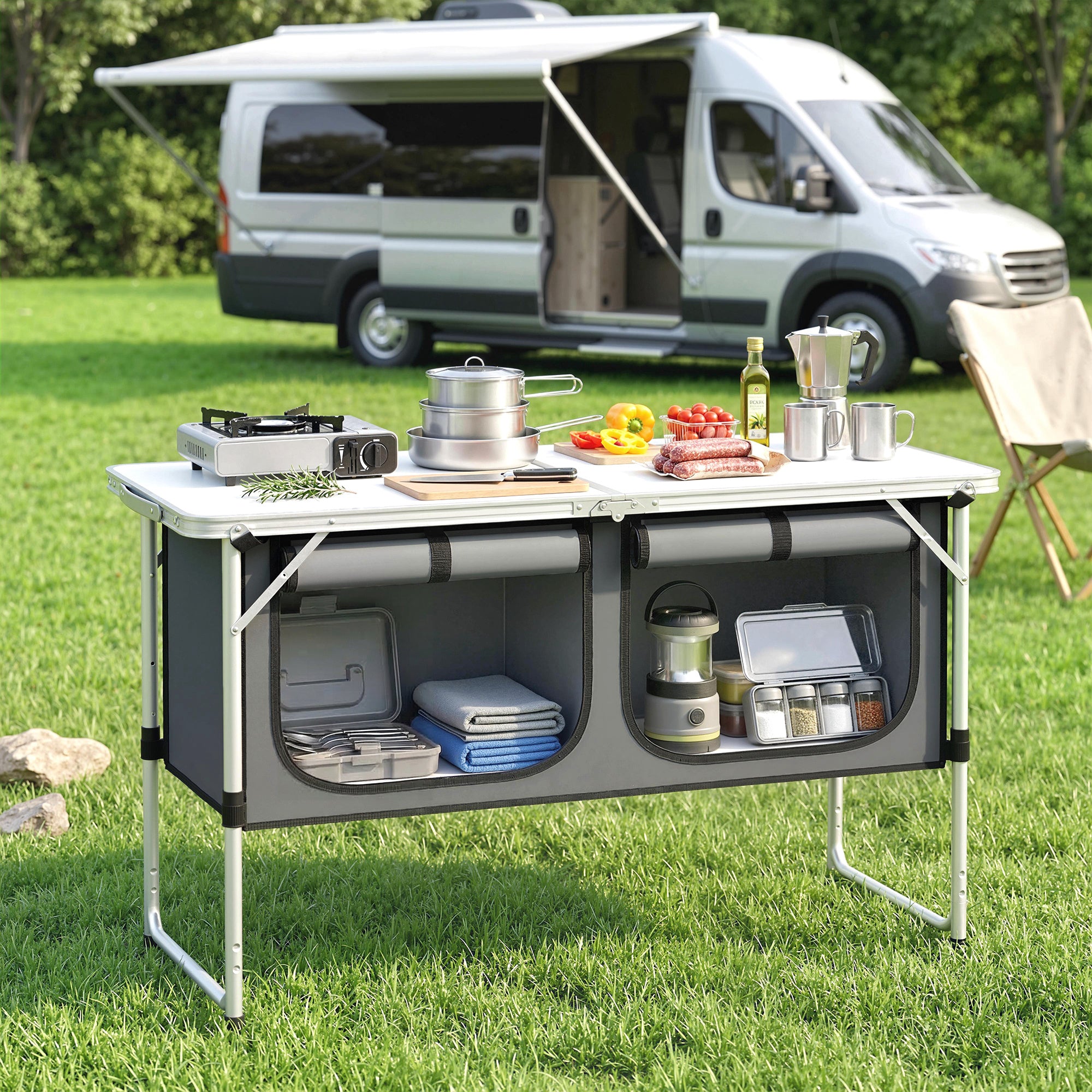 Folding Camping Kitchen Table with Portable Oxford Fabric Cabinet, Aluminum Frame, for Picnic, BBQ & Outdoor Activities, 47.2 x 18.5 x 27.6 in, Silver