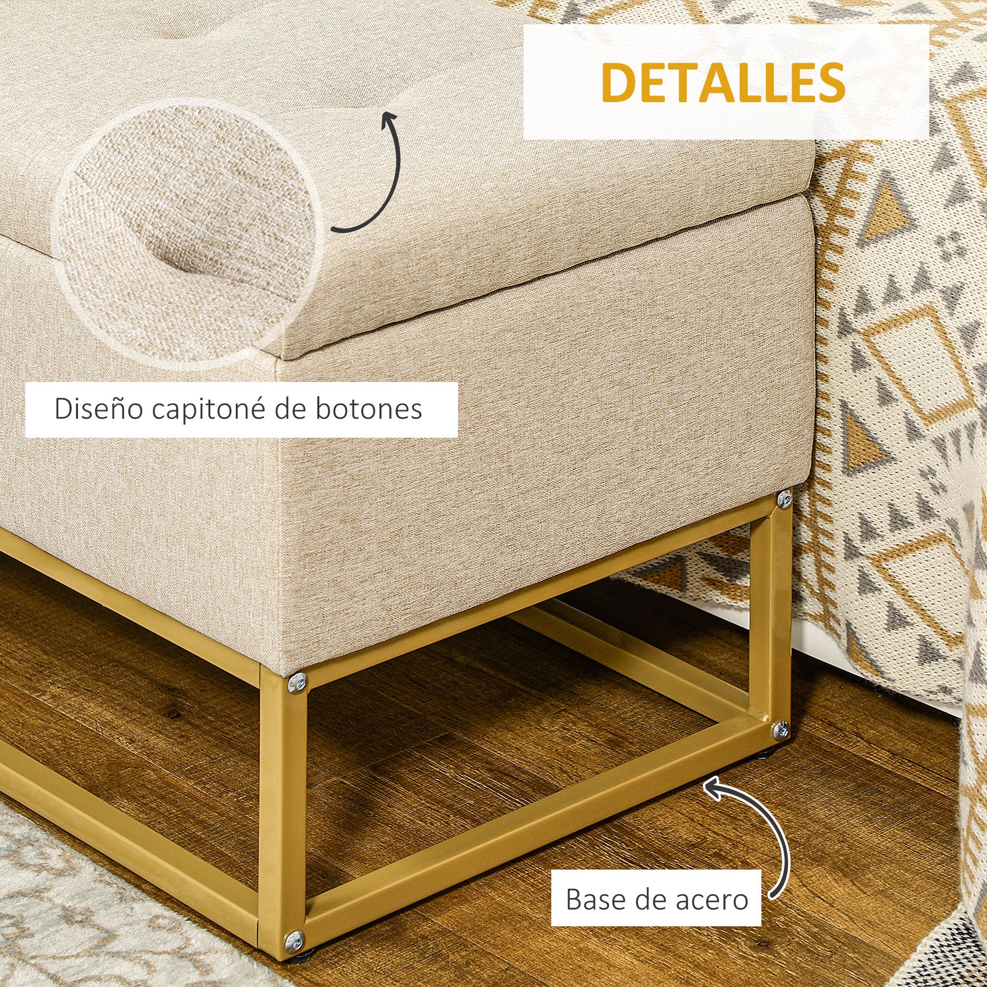 Storage Ottoman Bench Upholstered in Synthetic Linen with Flip Top Lid and Steel Legs for Living Room 110x44x48 cm Beige