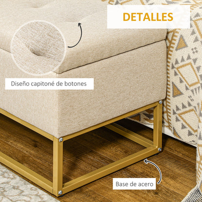 Storage Ottoman Bench Upholstered in Synthetic Linen with Flip Top Lid and Steel Legs for Living Room 110x44x48 cm Beige