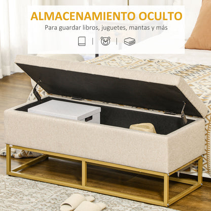 Storage Ottoman Bench Upholstered in Synthetic Linen with Flip Top Lid and Steel Legs for Living Room 110x44x48 cm Beige
