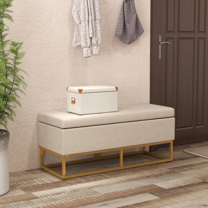 Storage Ottoman Bench Upholstered in Synthetic Linen with Flip Top Lid and Steel Legs for Living Room 110x44x48 cm Beige