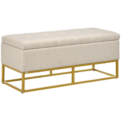 Storage Ottoman Bench Upholstered in Synthetic Linen with Flip Top Lid and Steel Legs for Living Room 110x44x48 cm Beige