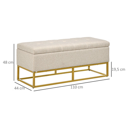 Storage Ottoman Bench Upholstered in Synthetic Linen with Flip Top Lid and Steel Legs for Living Room 110x44x48 cm Beige