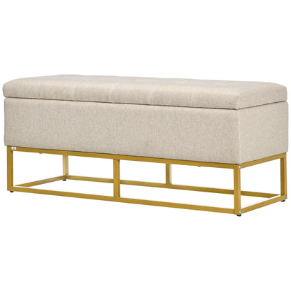 Storage Ottoman Bench Upholstered in Synthetic Linen with Flip Top Lid and Steel Legs for Living Room 110x44x48 cm Beige