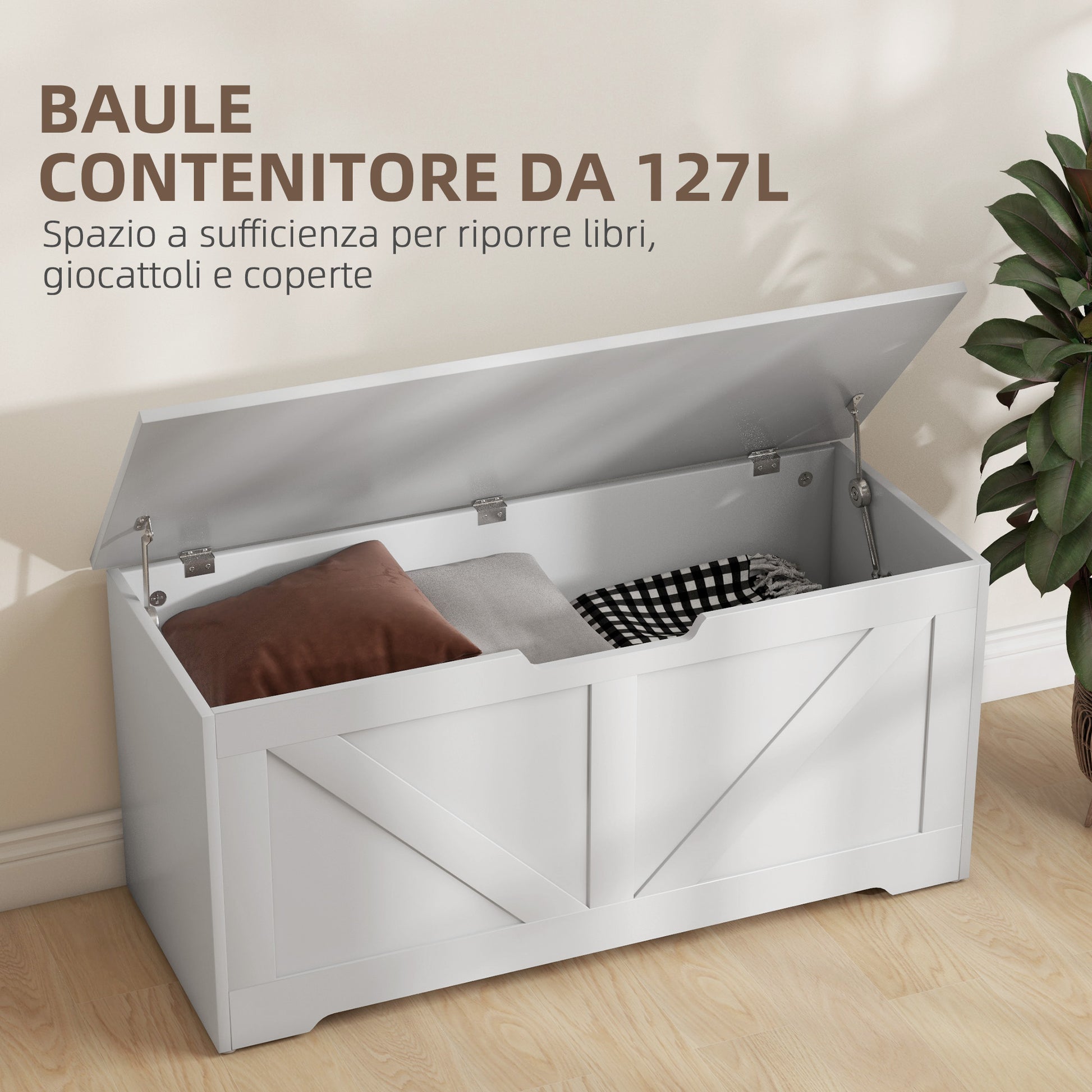Storage Bench with Safety Hinges, Toy Box Storage Bench 127L Capacity for Entryway and Room, 100x40x45 cm, White