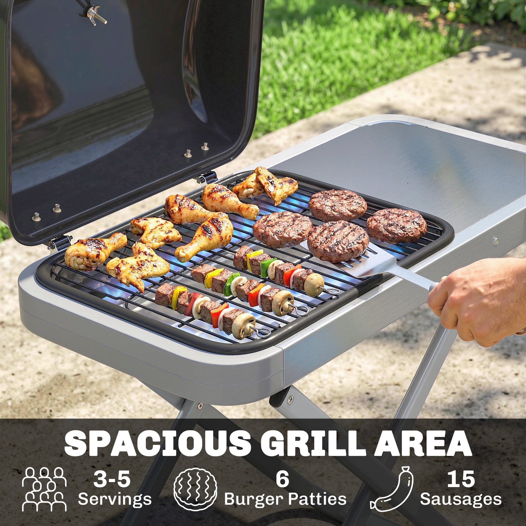 Portable 1-Burner 2.5 kW Folding Gas Grill with Cart, Side Shelf, Lid Thermometer & Drip Tray — Tabletop Outdoor Grill for BBQ, Camping & Garden