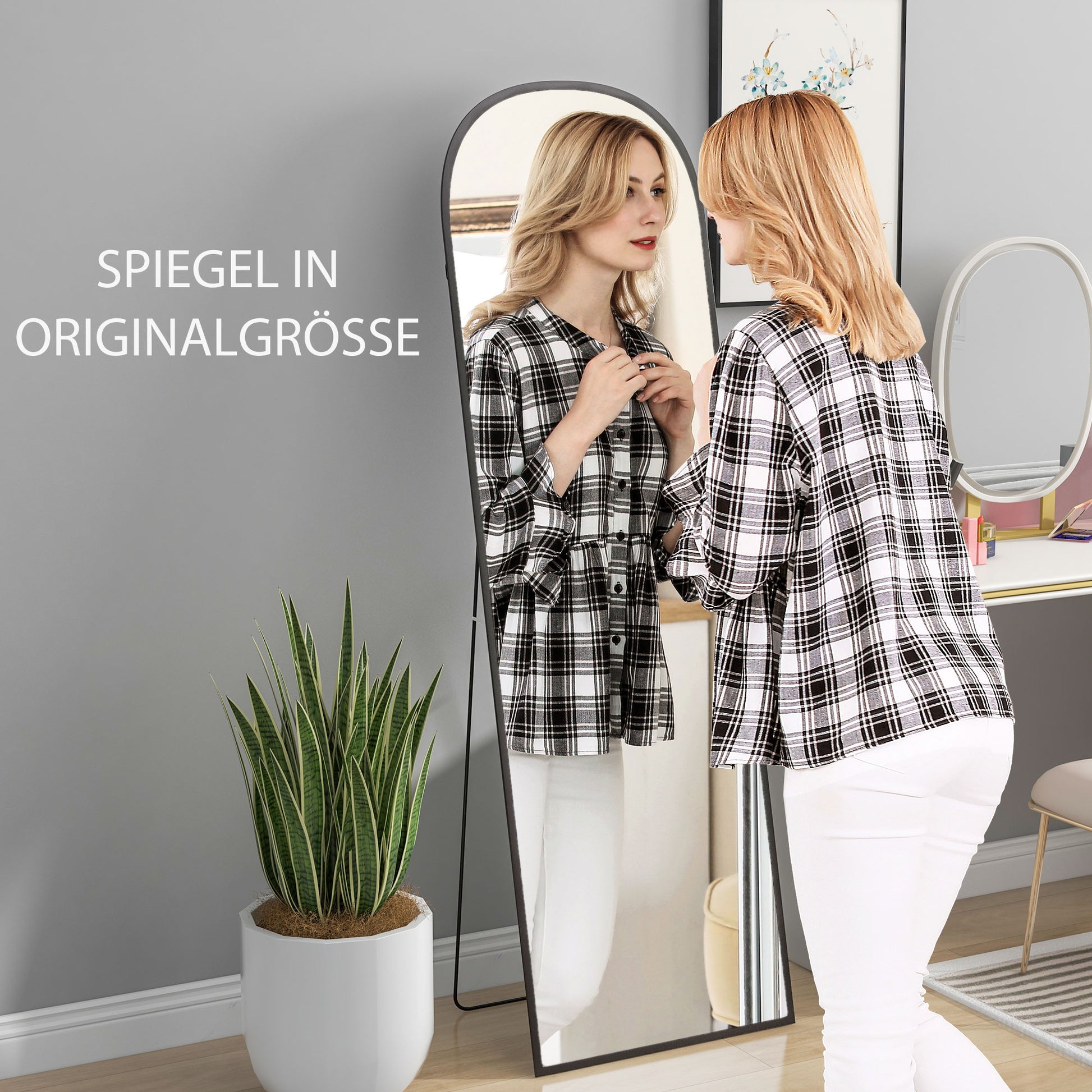 Full-Length Mirror 160.5 x 49 cm Arched Floor Mirror with Shatterproof Glass and Aluminum Frame, Leaning Wall Mirror, Standing Mirror for Living Room, Bedroom, Hallway, Black