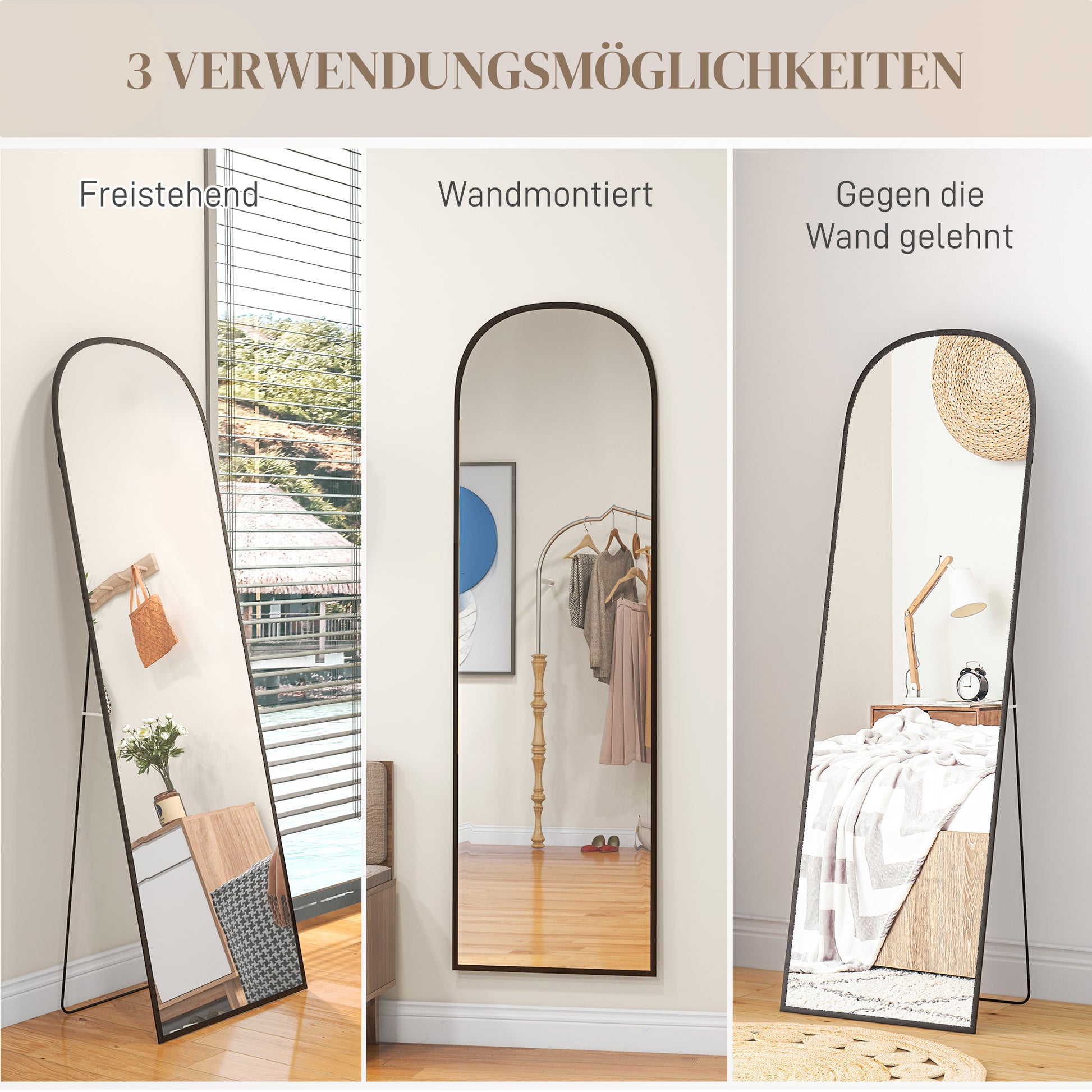 Full-Length Mirror 160.5 x 49 cm Arched Floor Mirror with Shatterproof Glass and Aluminum Frame, Leaning Wall Mirror, Standing Mirror for Living Room, Bedroom, Hallway, Black