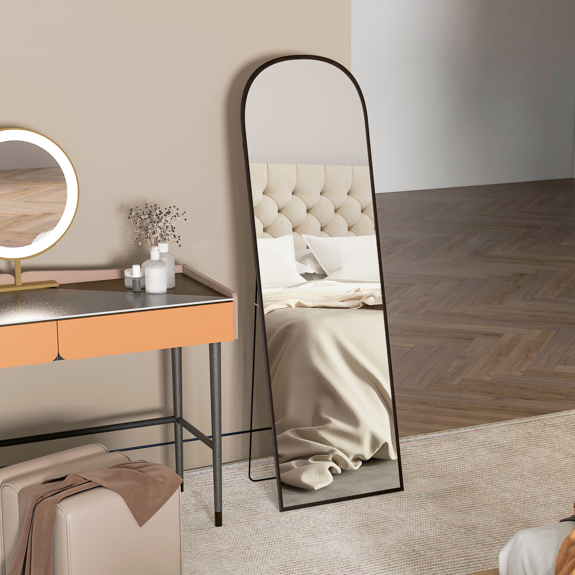 Full-Length Mirror 160.5 x 49 cm Arched Floor Mirror with Shatterproof Glass and Aluminum Frame, Leaning Wall Mirror, Standing Mirror for Living Room, Bedroom, Hallway, Black