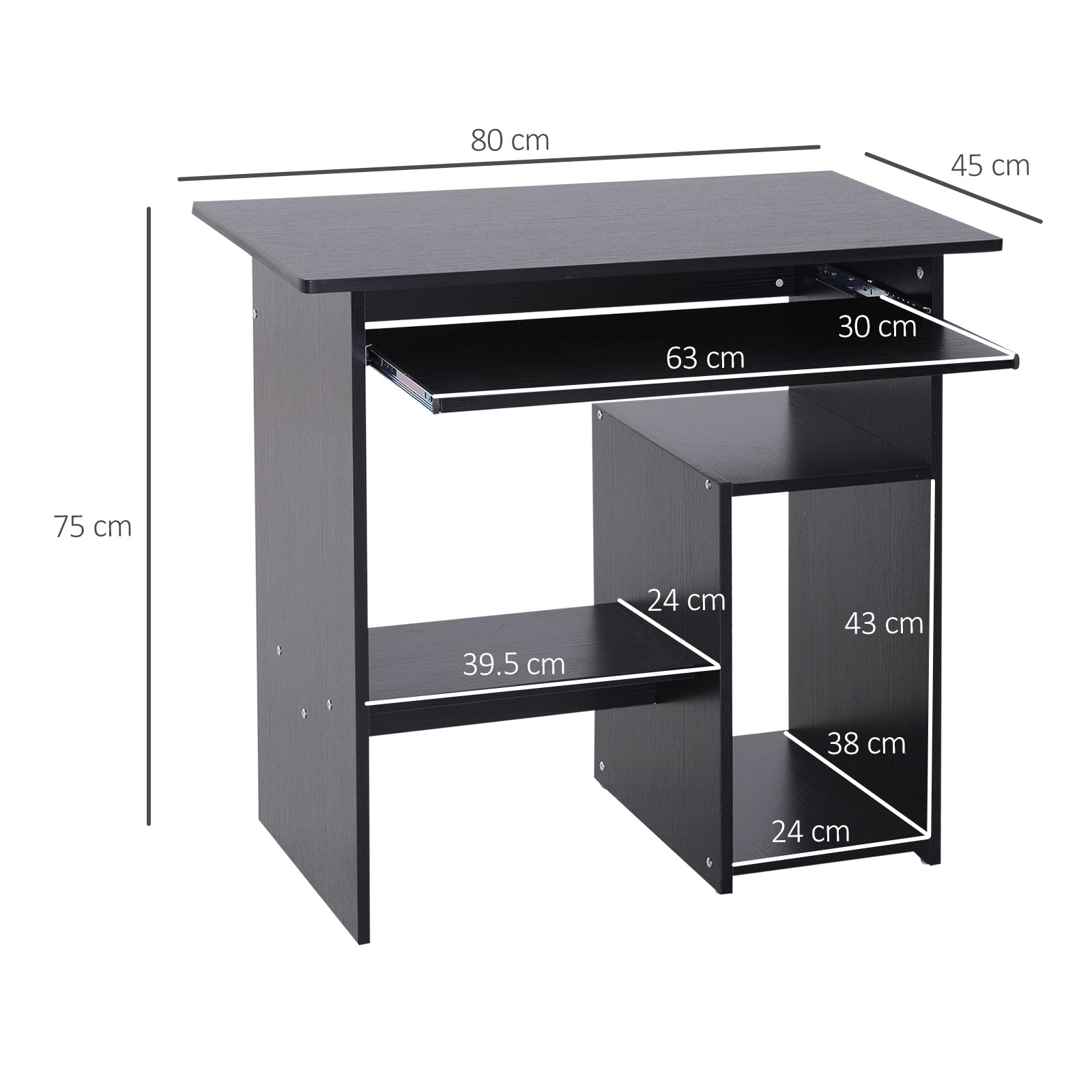 Space-Saving Desk for Home and Office, Modern Computer Desk, PC Holder, CPU Shelf and Pull-Out Keyboard Shelf in Wood, 80x45x75cm, Black