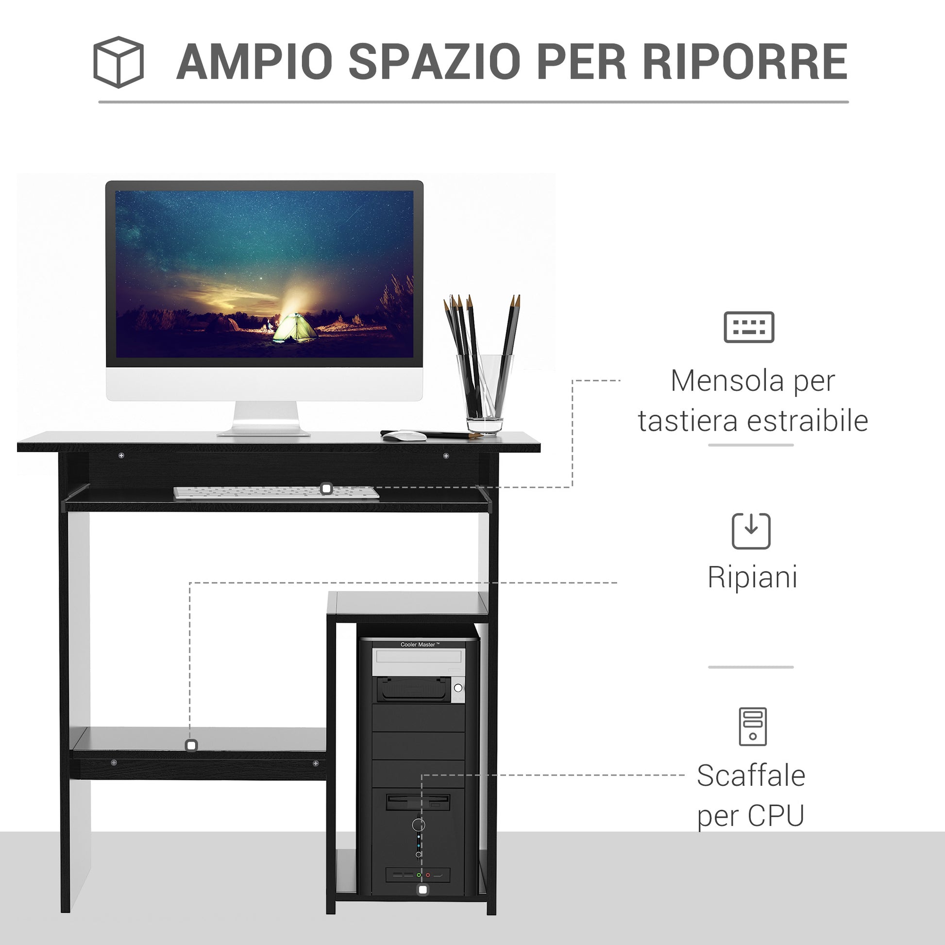 Space-Saving Desk for Home and Office, Modern Computer Desk, PC Holder, CPU Shelf and Pull-Out Keyboard Shelf in Wood, 80x45x75cm, Black