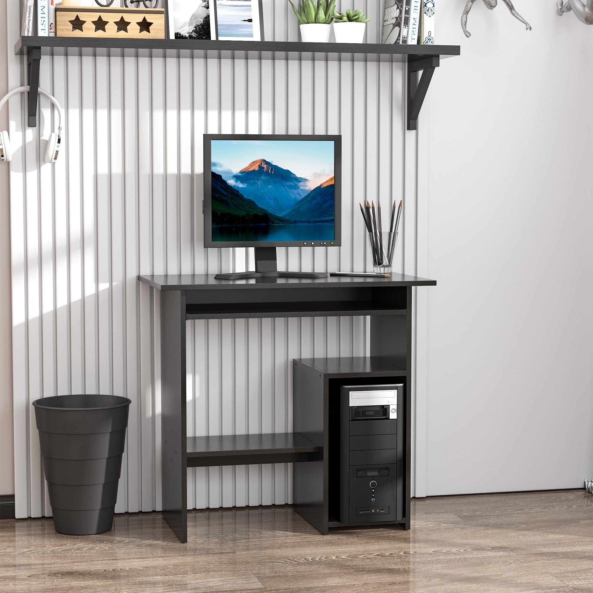 Space-Saving Desk for Home and Office, Modern Computer Desk, PC Holder, CPU Shelf and Pull-Out Keyboard Shelf in Wood, 80x45x75cm, Black