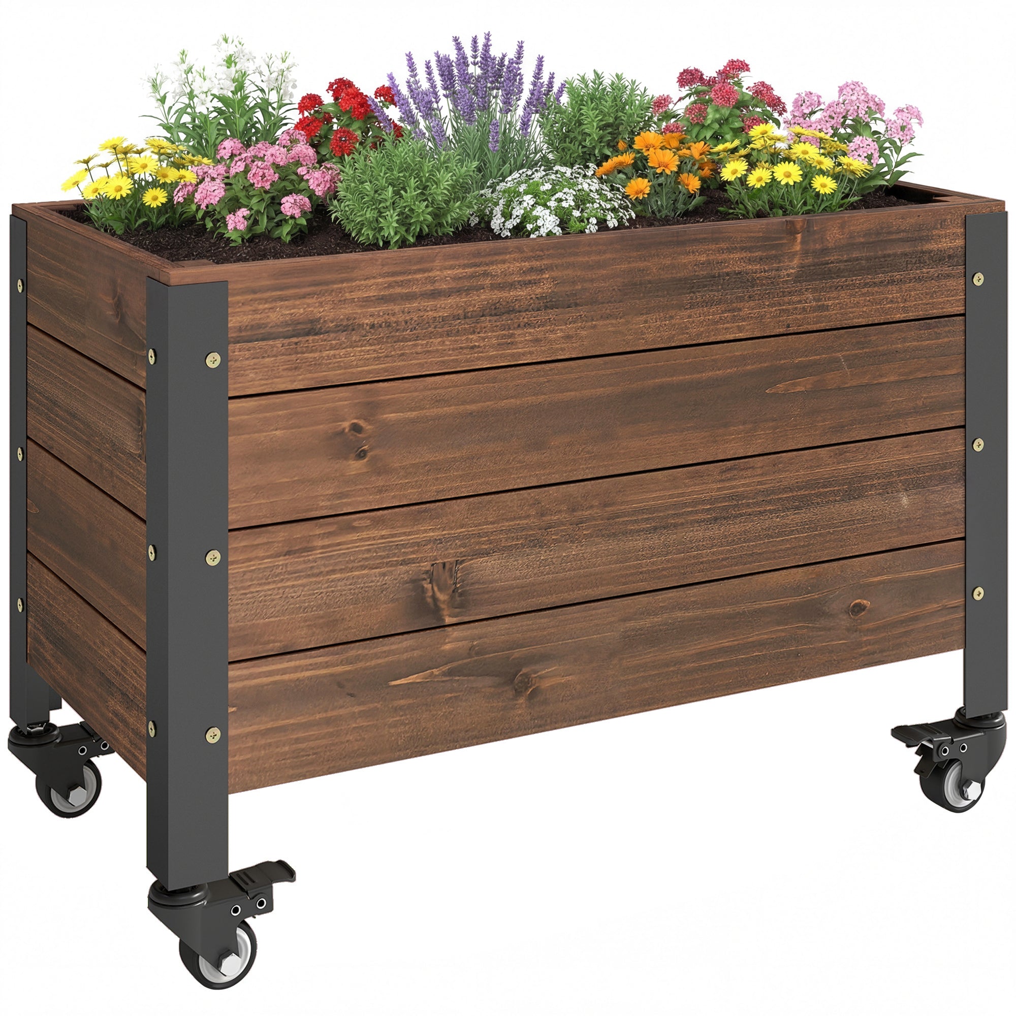Elevated Wooden Planter with Wheels, Rectangular Raised Garden Bed for Herbs & Vegetables, 23.6 x 11.8 x 16.1 in (60 x 30 x 41 cm), Dark Brown
