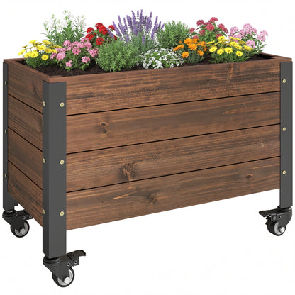 Elevated Wooden Planter with Wheels, Rectangular Raised Garden Bed for Herbs & Vegetables, 23.6 x 11.8 x 16.1 in (60 x 30 x 41 cm), Dark Brown