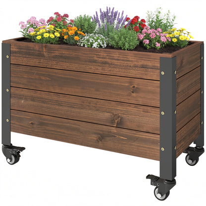 Elevated Wooden Planter with Wheels, Rectangular Raised Garden Bed for Herbs & Vegetables, 23.6 x 11.8 x 16.1 in (60 x 30 x 41 cm), Dark Brown