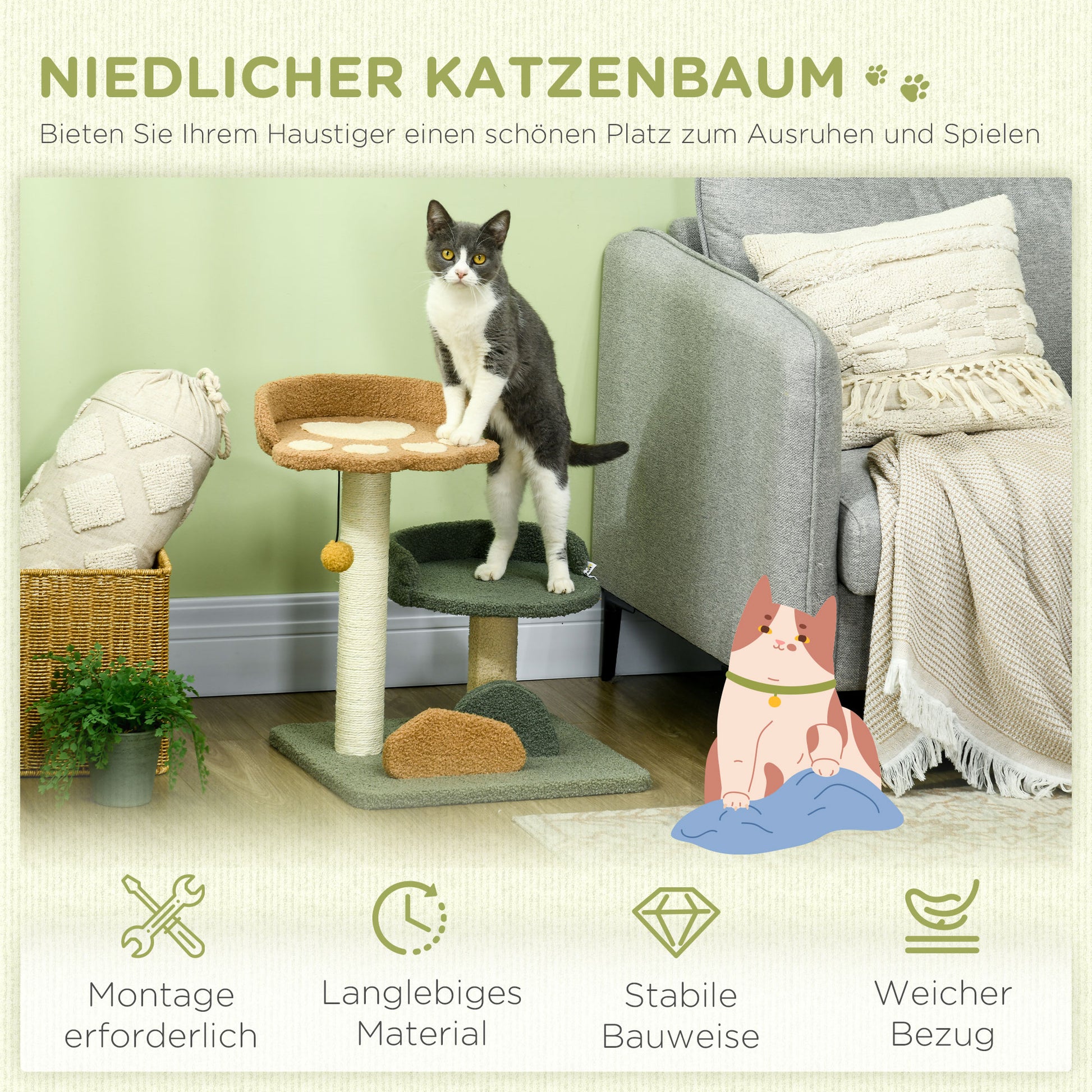 Cat Tree Small, 52 cm Cat Scratching Tree Climbing Tree with 2 Levels, Scratching Post with Play Ball, Cat Furniture, Small Scratching Tree for Cats under 5 kg, Sisal