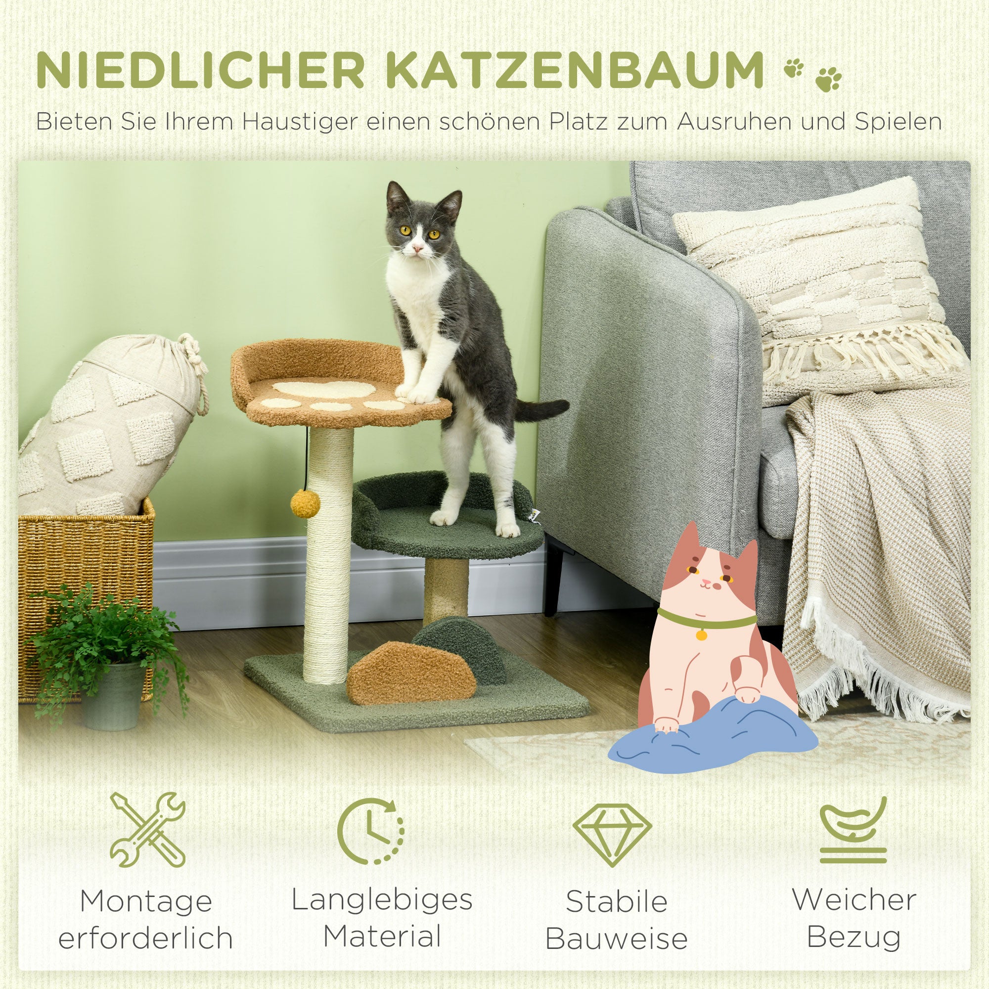 Cat Tree Small, 52 cm Cat Scratching Tree Climbing Tree with 2 Levels, Scratching Post with Play Ball, Cat Furniture, Small Scratching Tree for Cats under 5 kg, Sisal