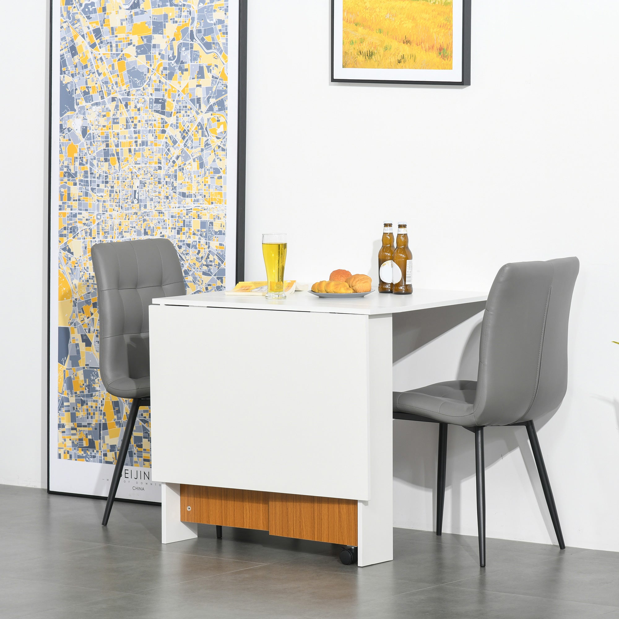 Folding Dining Table with Wheels Folding Kitchen Table Multifunctional Side Table with 2 Foldable Wings 120x80x73 cm White and Teak