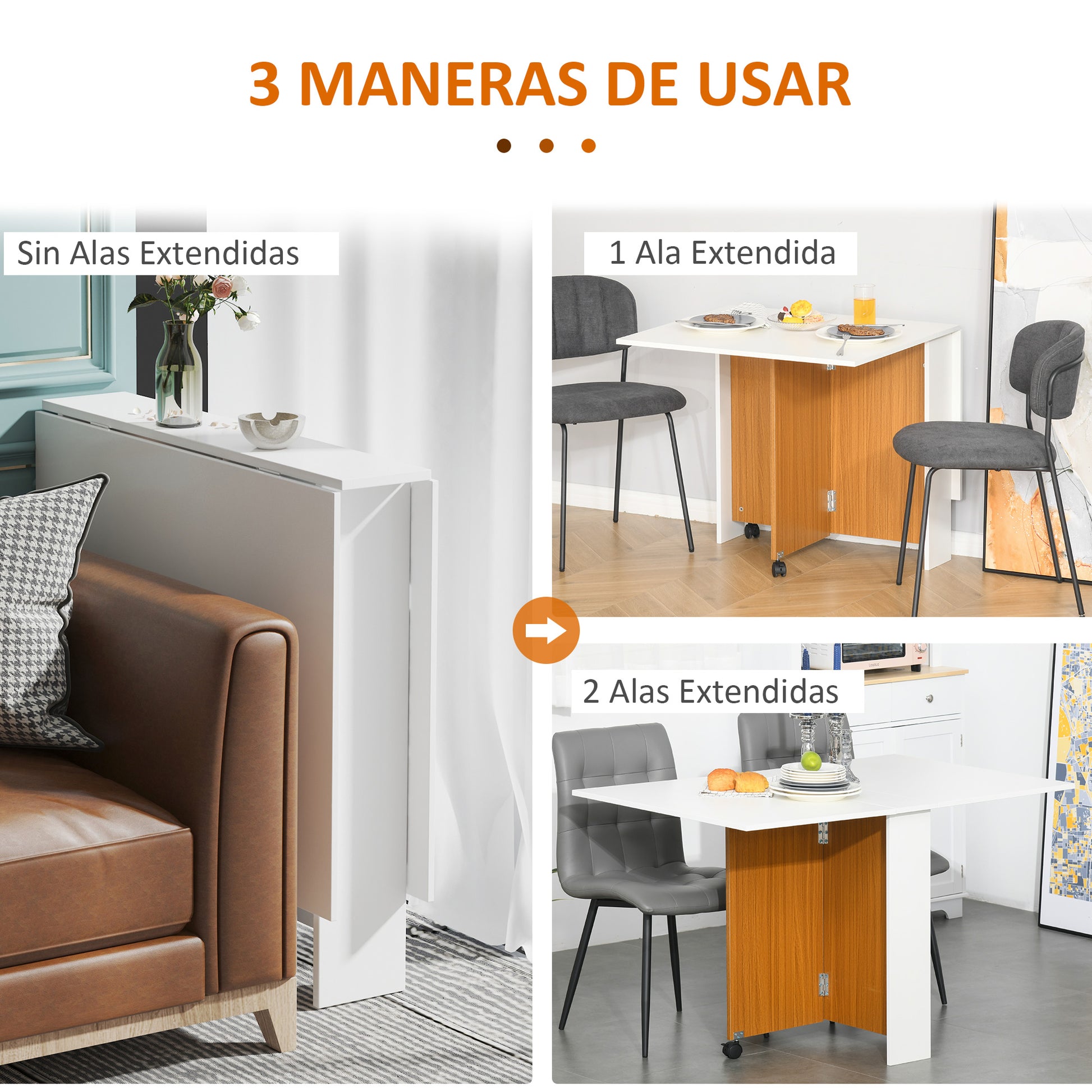 Folding Dining Table with Wheels Folding Kitchen Table Multifunctional Side Table with 2 Foldable Wings 120x80x73 cm White and Teak