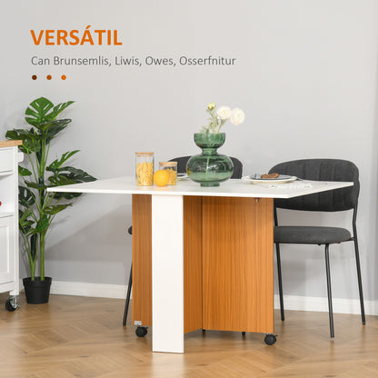 Folding Dining Table with Wheels Folding Kitchen Table Multifunctional Side Table with 2 Foldable Wings 120x80x73 cm White and Teak