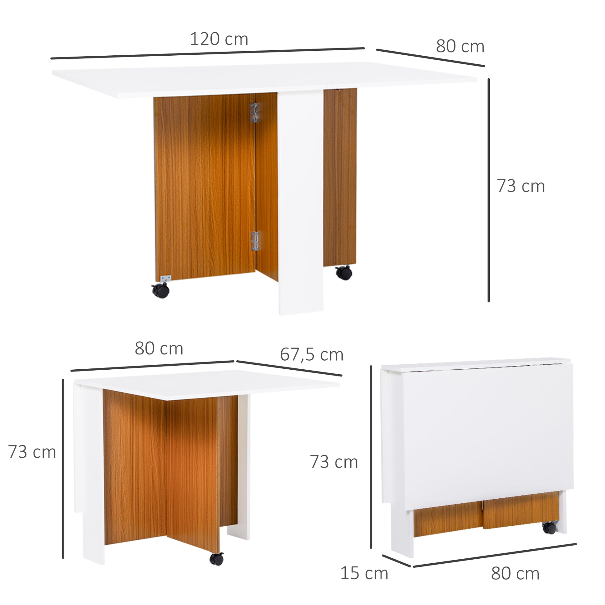 Folding Dining Table with Wheels Folding Kitchen Table Multifunctional Side Table with 2 Foldable Wings 120x80x73 cm White and Teak