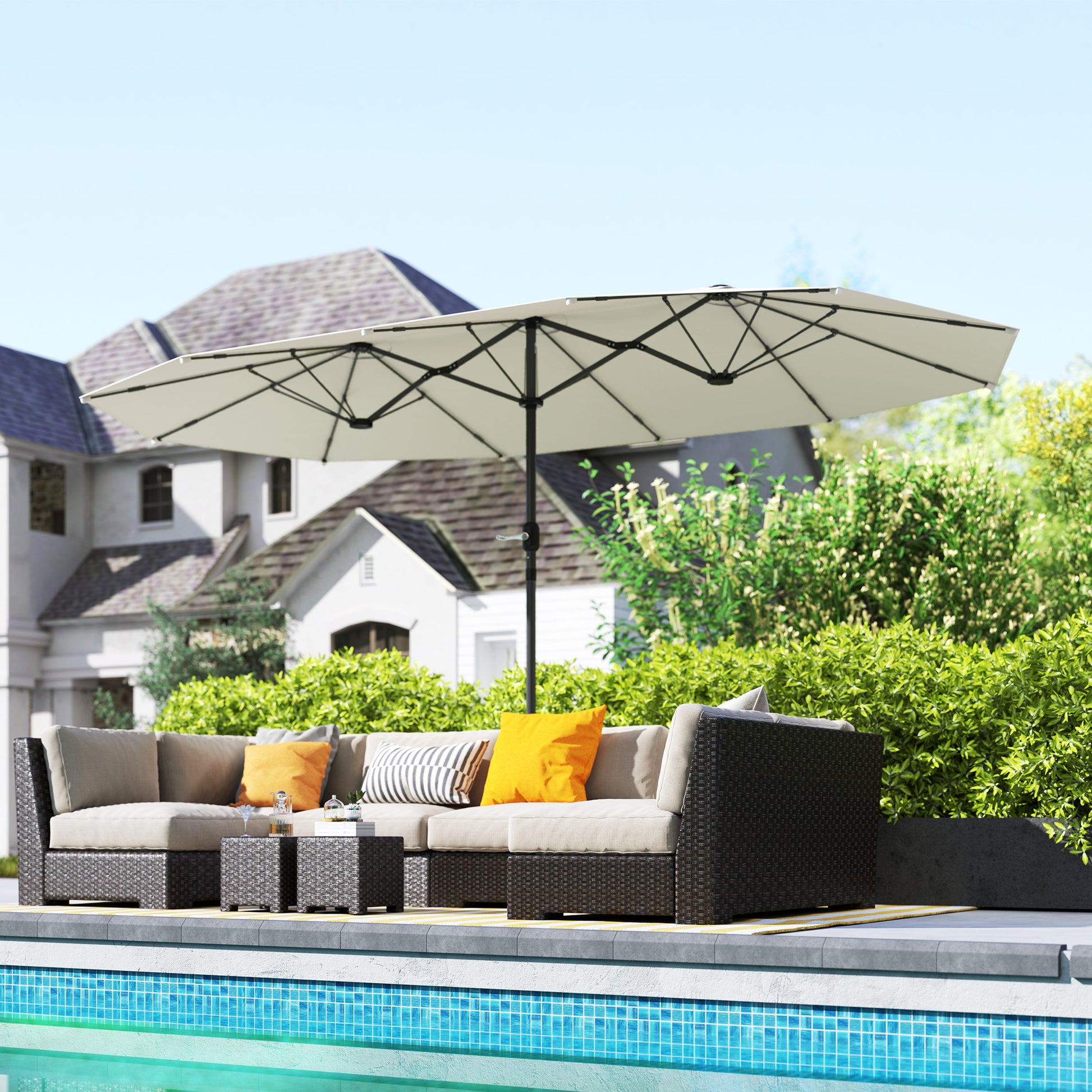 Double-sided Sun Umbrella 436 x 260 cm, UV Protection Steel Sun Umbrella with Crank, Oval Balcony Umbrella Beach Umbrella Windproof Stable Market Umbrella Crank Umbrella for Beach Balcony Garden, Beige