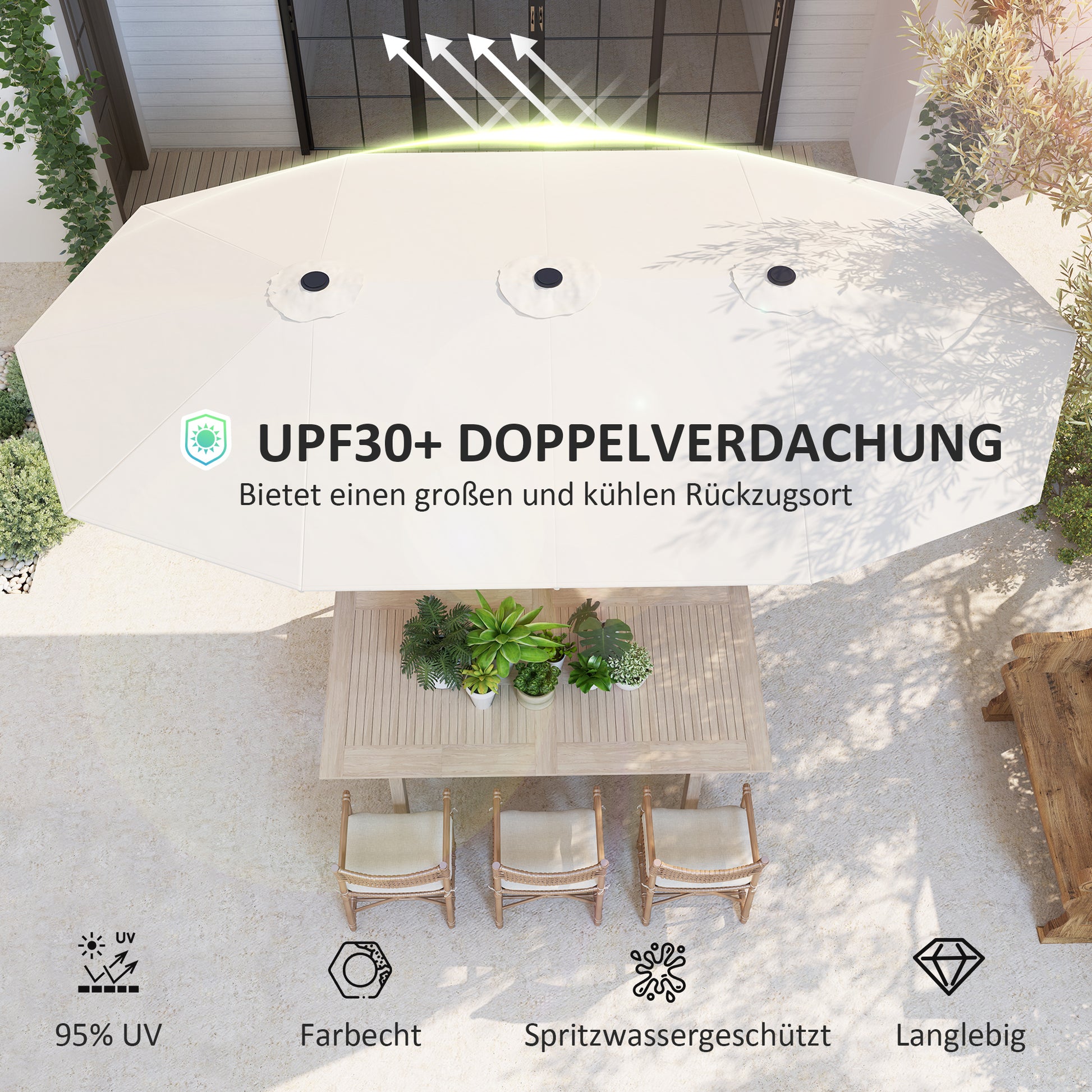 Double-sided Sun Umbrella 436 x 260 cm, UV Protection Steel Sun Umbrella with Crank, Oval Balcony Umbrella Beach Umbrella Windproof Stable Market Umbrella Crank Umbrella for Beach Balcony Garden, Beige