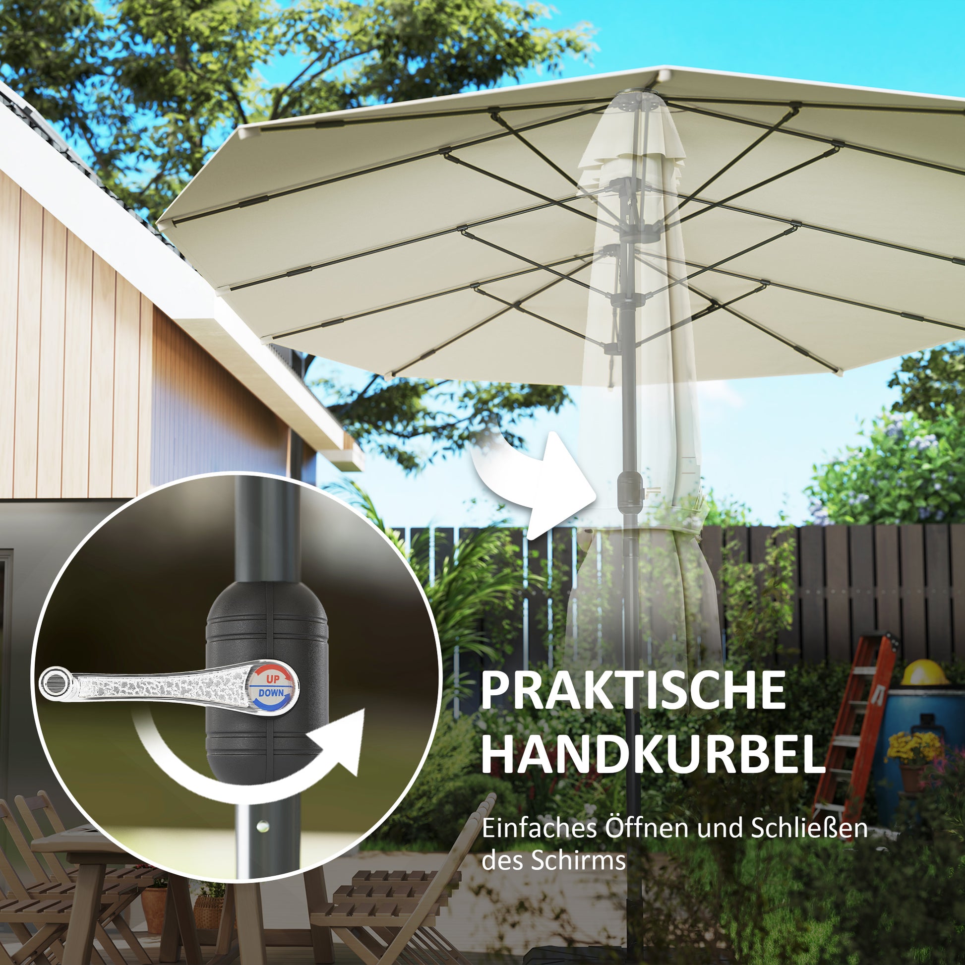 Double-sided Sun Umbrella 436 x 260 cm, UV Protection Steel Sun Umbrella with Crank, Oval Balcony Umbrella Beach Umbrella Windproof Stable Market Umbrella Crank Umbrella for Beach Balcony Garden, Beige