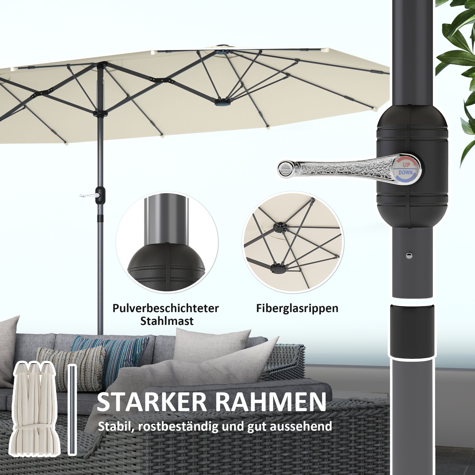 Double-sided Sun Umbrella 436 x 260 cm, UV Protection Steel Sun Umbrella with Crank, Oval Balcony Umbrella Beach Umbrella Windproof Stable Market Umbrella Crank Umbrella for Beach Balcony Garden, Beige