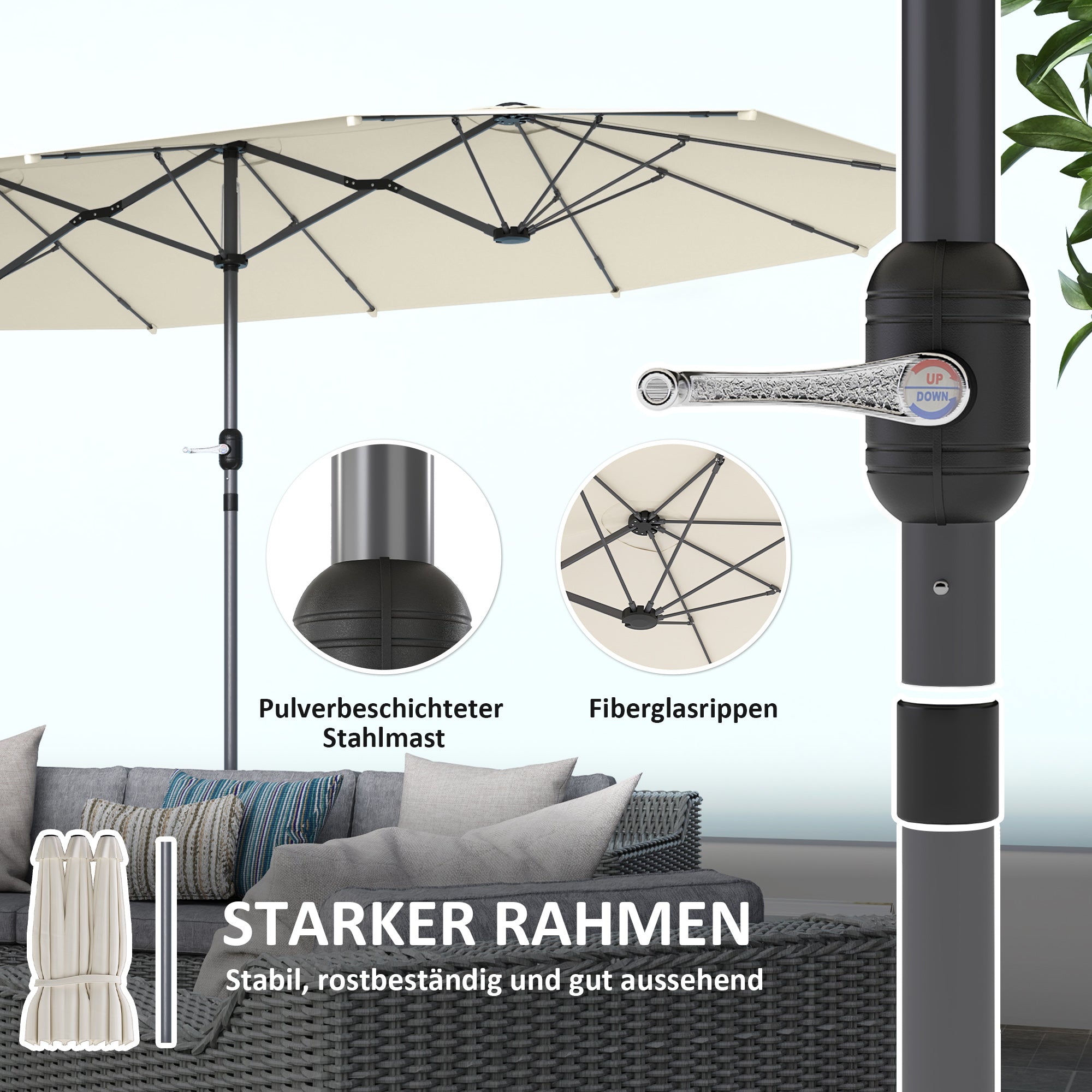 Double-sided Sun Umbrella 436 x 260 cm, UV Protection Steel Sun Umbrella with Crank, Oval Balcony Umbrella Beach Umbrella Windproof Stable Market Umbrella Crank Umbrella for Beach Balcony Garden, Beige