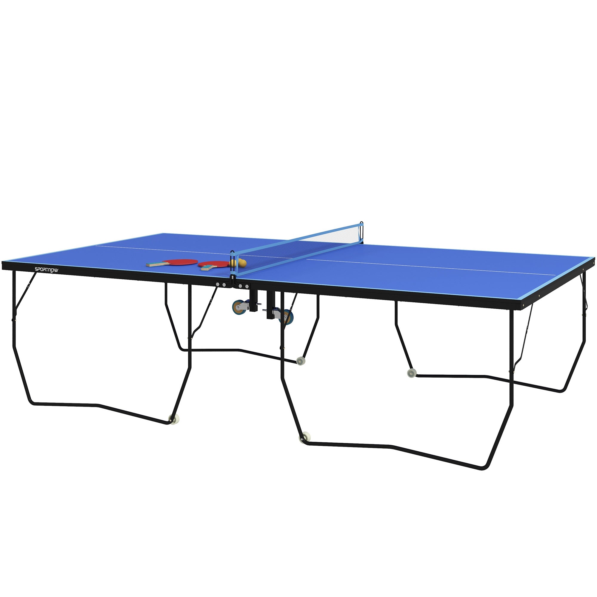 SPORTNOW Table Tennis Table, Foldable Ping Pong Table with Net, Wheels, 2 Paddles and 3 Balls, Steel, Blue, 274 x 152.5 x 76 cm