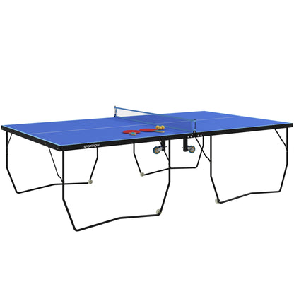 SPORTNOW Table Tennis Table, Foldable Ping Pong Table with Net, Wheels, 2 Paddles and 3 Balls, Steel, Blue, 274 x 152.5 x 76 cm