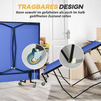 SPORTNOW Table Tennis Table, Foldable Ping Pong Table with Net, Wheels, 2 Paddles and 3 Balls, Steel, Blue, 274 x 152.5 x 76 cm