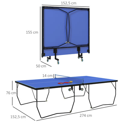 SPORTNOW Table Tennis Table, Foldable Ping Pong Table with Net, Wheels, 2 Paddles and 3 Balls, Steel, Blue, 274 x 152.5 x 76 cm