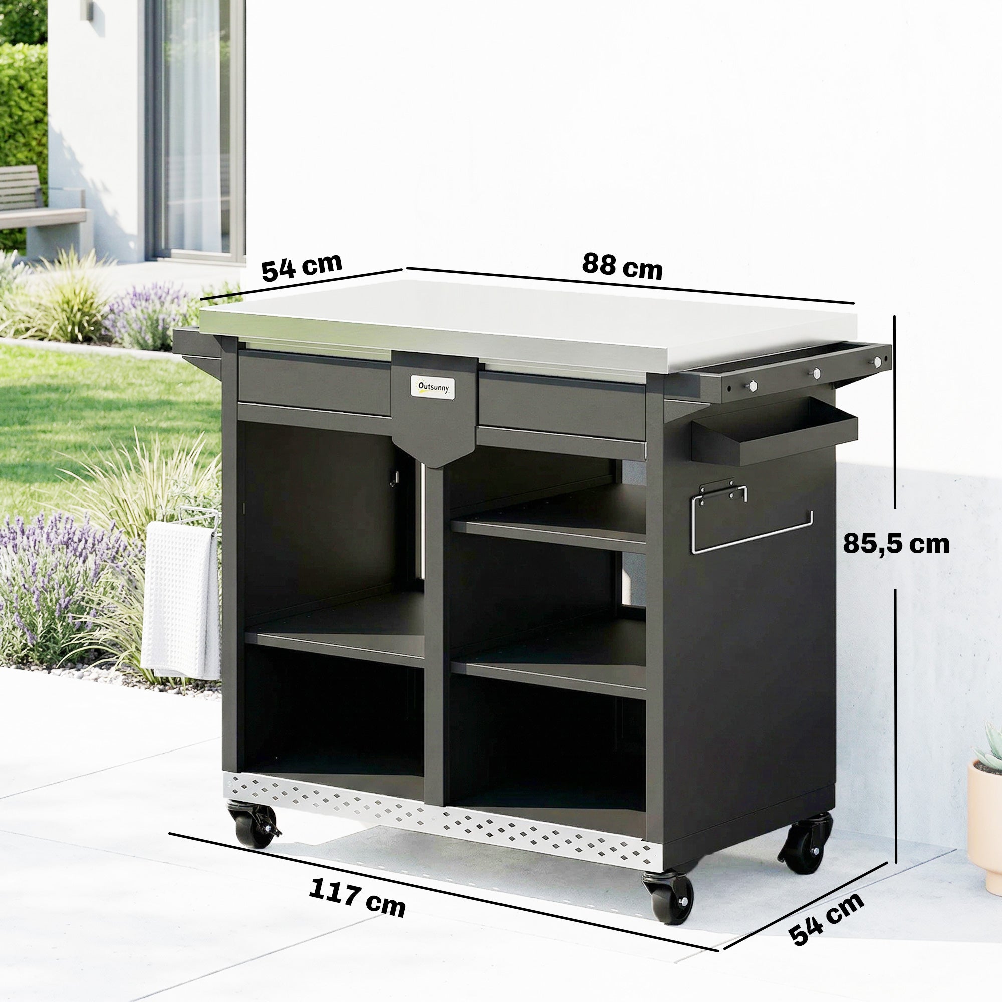 5-Tier Grill Cart with Stainless-Steel Worktop, Adjustable Shelves, Drawer, Wheels, Spice Rack, Towel Holder & Hooks — Mobile BBQ Serving Trolley (117 x 54 x 85.5 cm / 46.1 x 21.3 x 33.7 in)