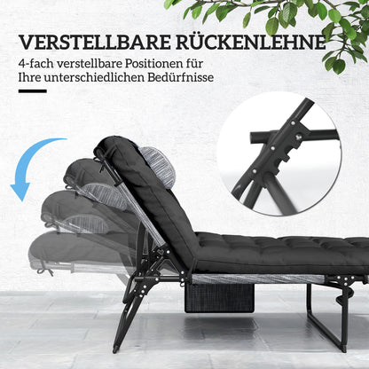 Folding Outdoor Sun Lounger with Pillow — 4-Position Adjustable Backrest, Side Pocket, Weather-Resistant — Supports up to 265 lb — Black
