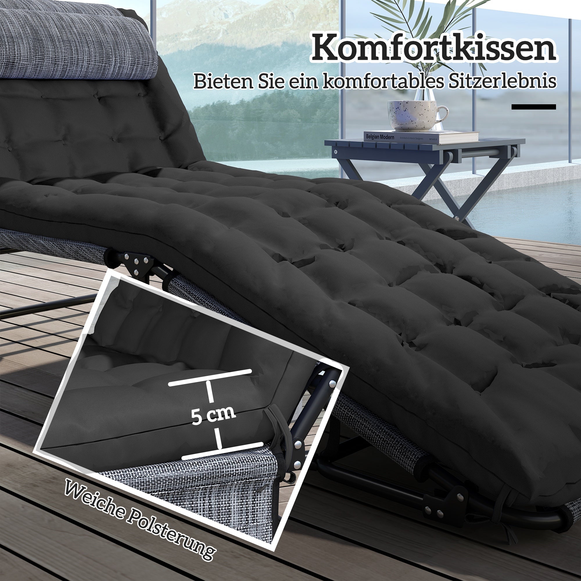 Folding Outdoor Sun Lounger with Pillow — 4-Position Adjustable Backrest, Side Pocket, Weather-Resistant — Supports up to 265 lb — Black