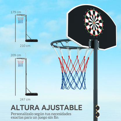SPORTNOW Outdoor Basketball Hoop Adjustable Height (210-247 cm) with Dartboard Backboard Portable Basketball Hoop with Wheels Fillable Base for Teens and Adults Black