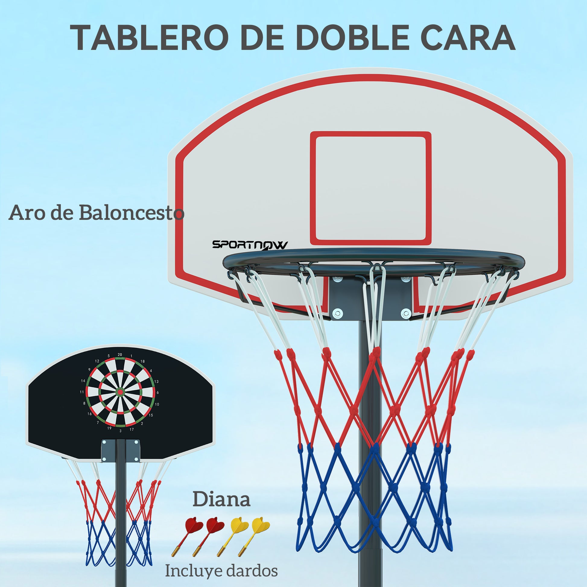 SPORTNOW Outdoor Basketball Hoop Adjustable Height (210-247 cm) with Dartboard Backboard Portable Basketball Hoop with Wheels Fillable Base for Teens and Adults Black