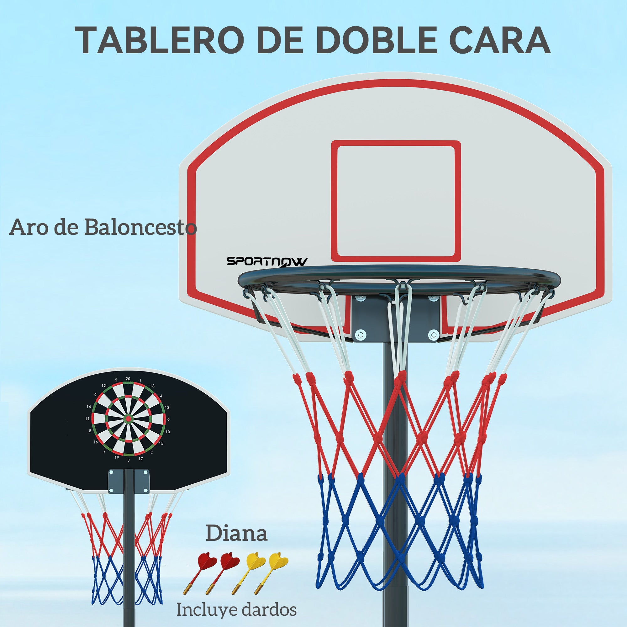 SPORTNOW Outdoor Basketball Hoop Adjustable Height (210-247 cm) with Dartboard Backboard Portable Basketball Hoop with Wheels Fillable Base for Teens and Adults Black
