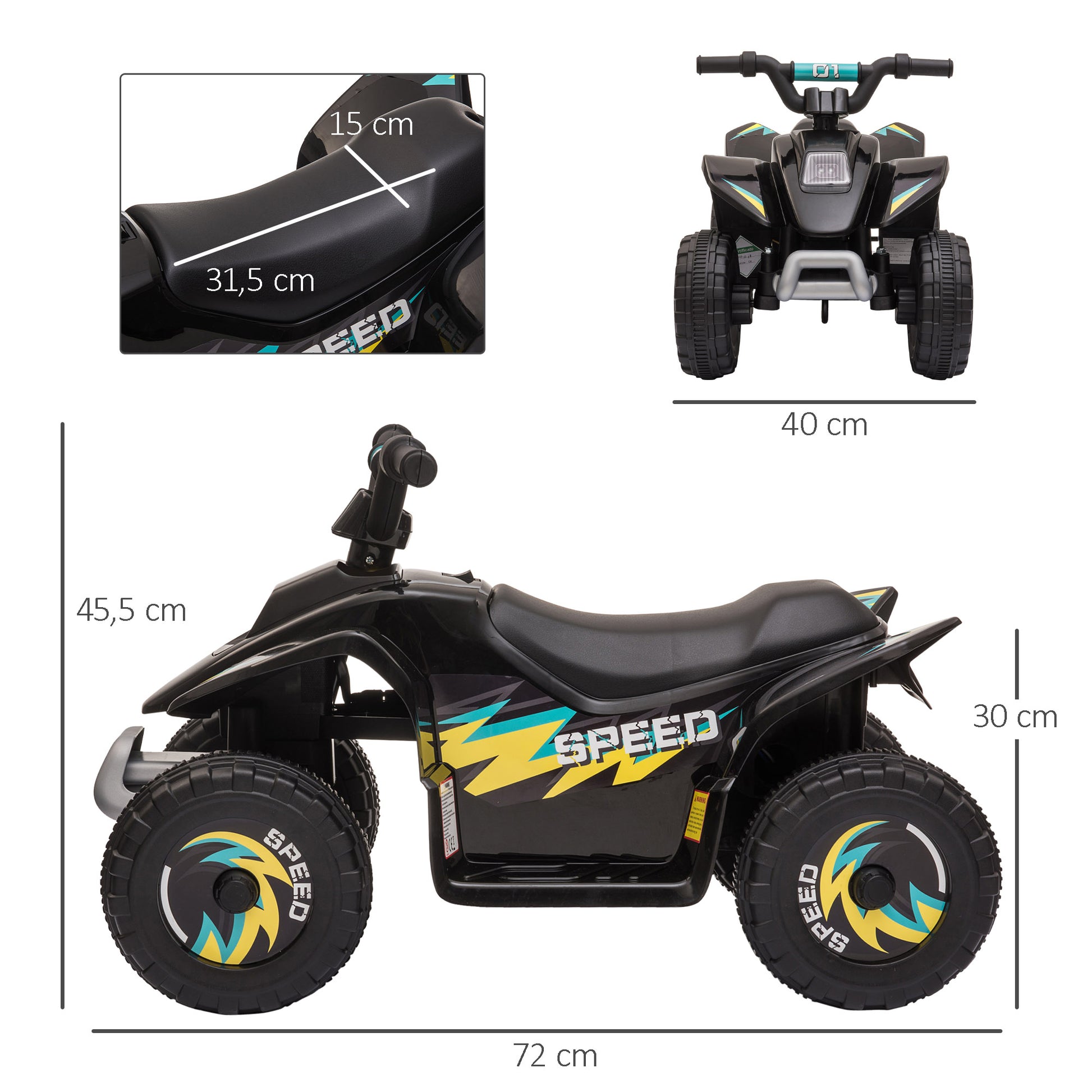 Electric Quad for Children 18-36 Months Battery-Powered ATV 6V with Forward and Reverse Max Load 20 kg 72x40x45.5 cm Black