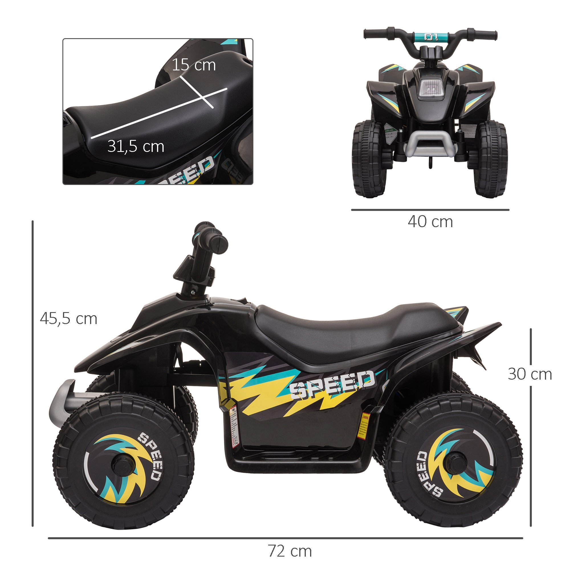 Electric Quad for Children 18-36 Months Battery-Powered ATV 6V with Forward and Reverse Max Load 20 kg 72x40x45.5 cm Black