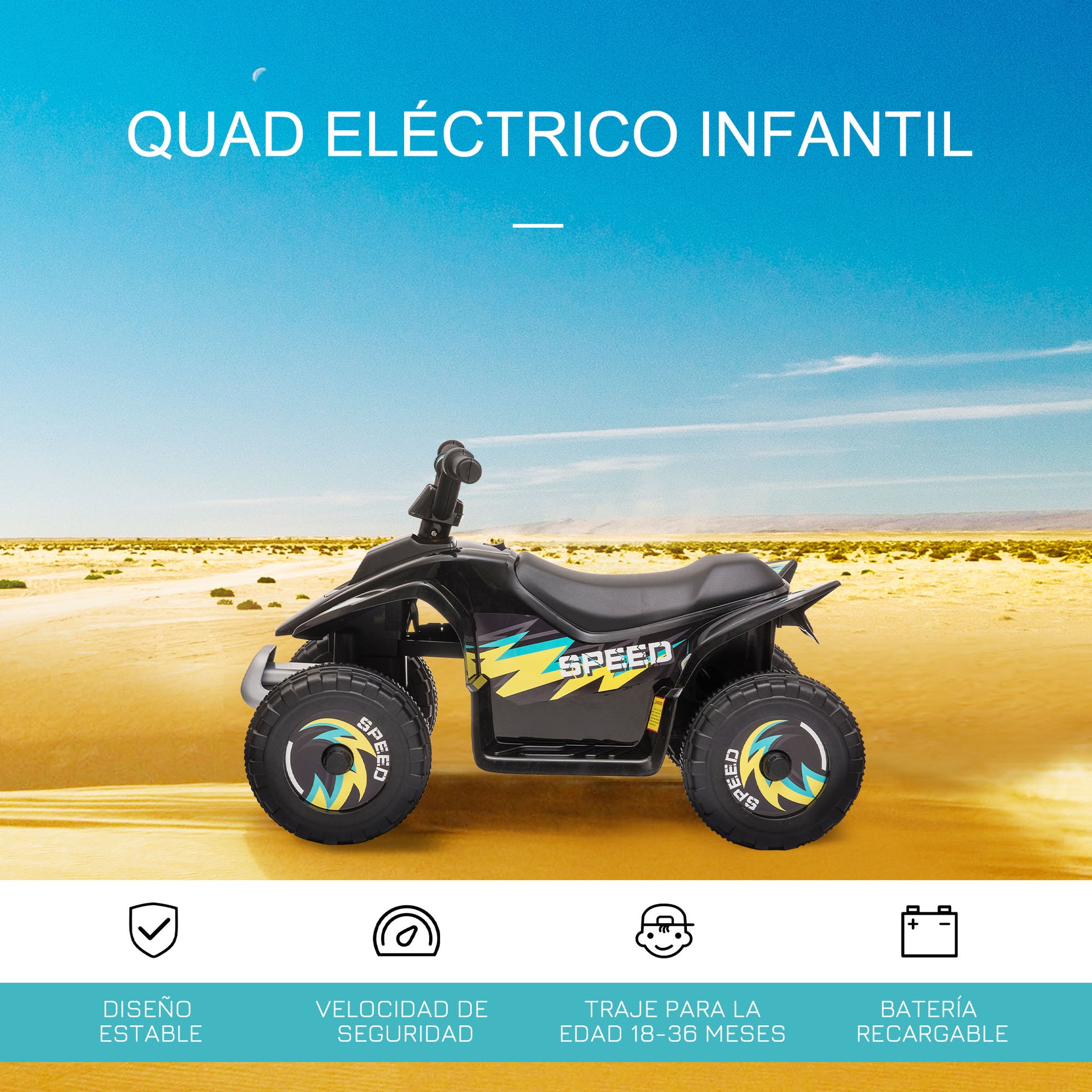 Electric Quad for Children 18-36 Months Battery-Powered ATV 6V with Forward and Reverse Max Load 20 kg 72x40x45.5 cm Black